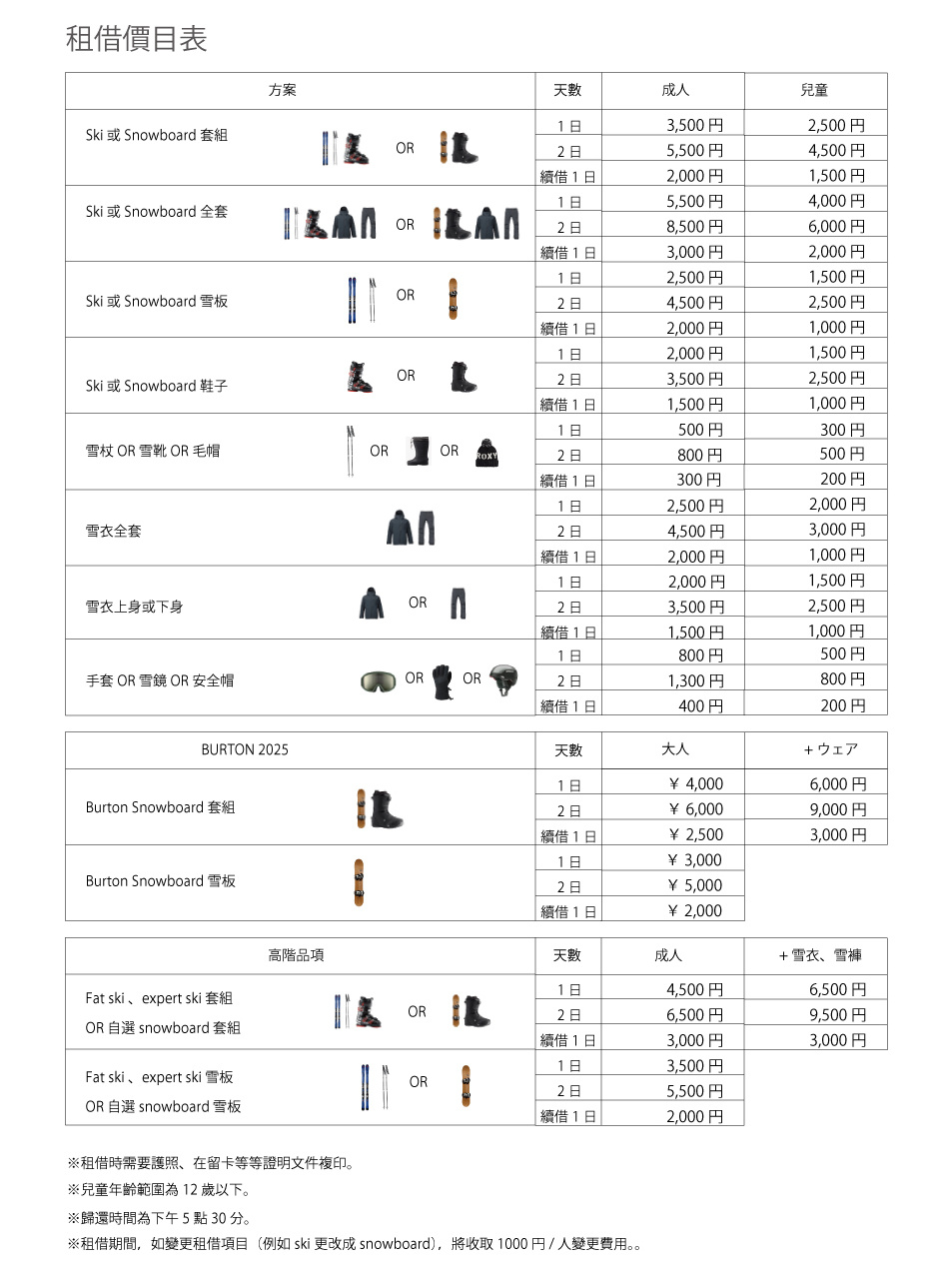 租借價目表 – BOO SPORTS